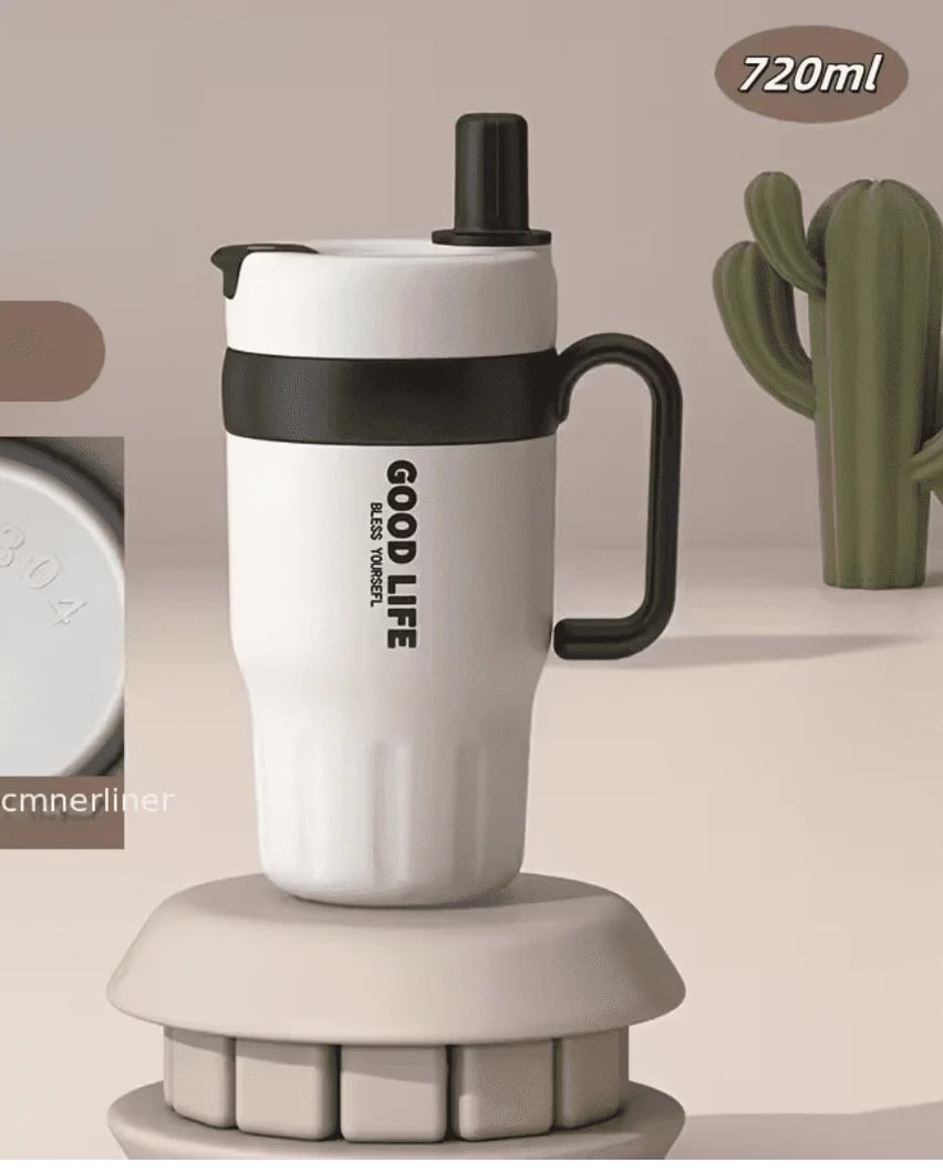Nerezový termohrnček s rúčkou, dvojitou stenou a slamkou 720 ml, béžový