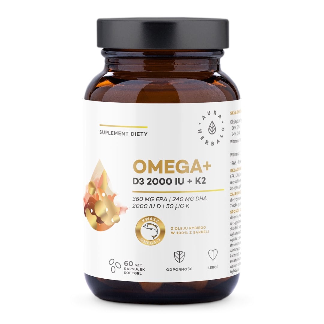Aura Herbals Omega+ vitamin D3 2000 IU + K2 MK-7 60 kapslí