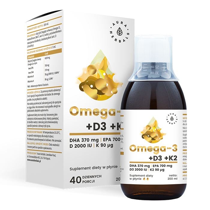 Aura Herbals Omega-3 + vitamín D3 2000 IU + K2 MK-7 200 ml v tekutej forme