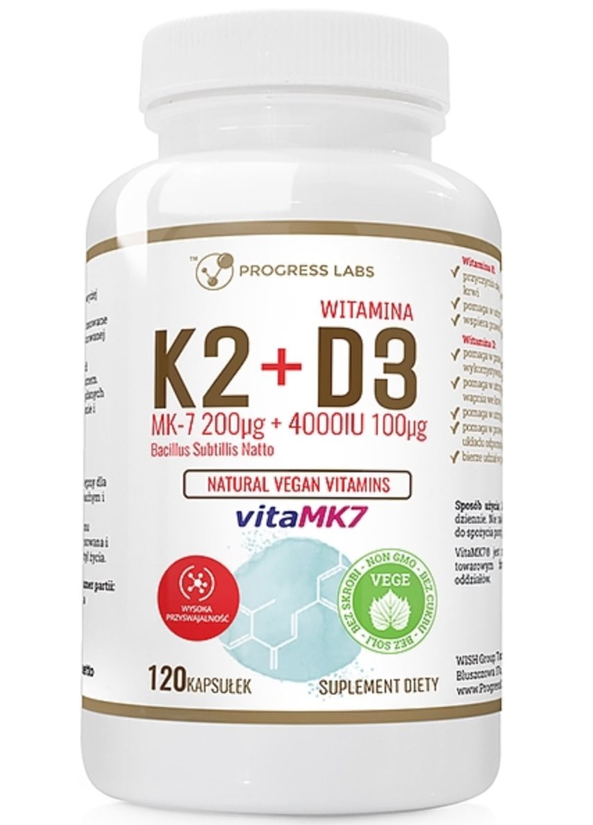 Progress Labs Vegánsky K2 MK-7 + D3 4000IU + L-leucín 120 kapsúl
