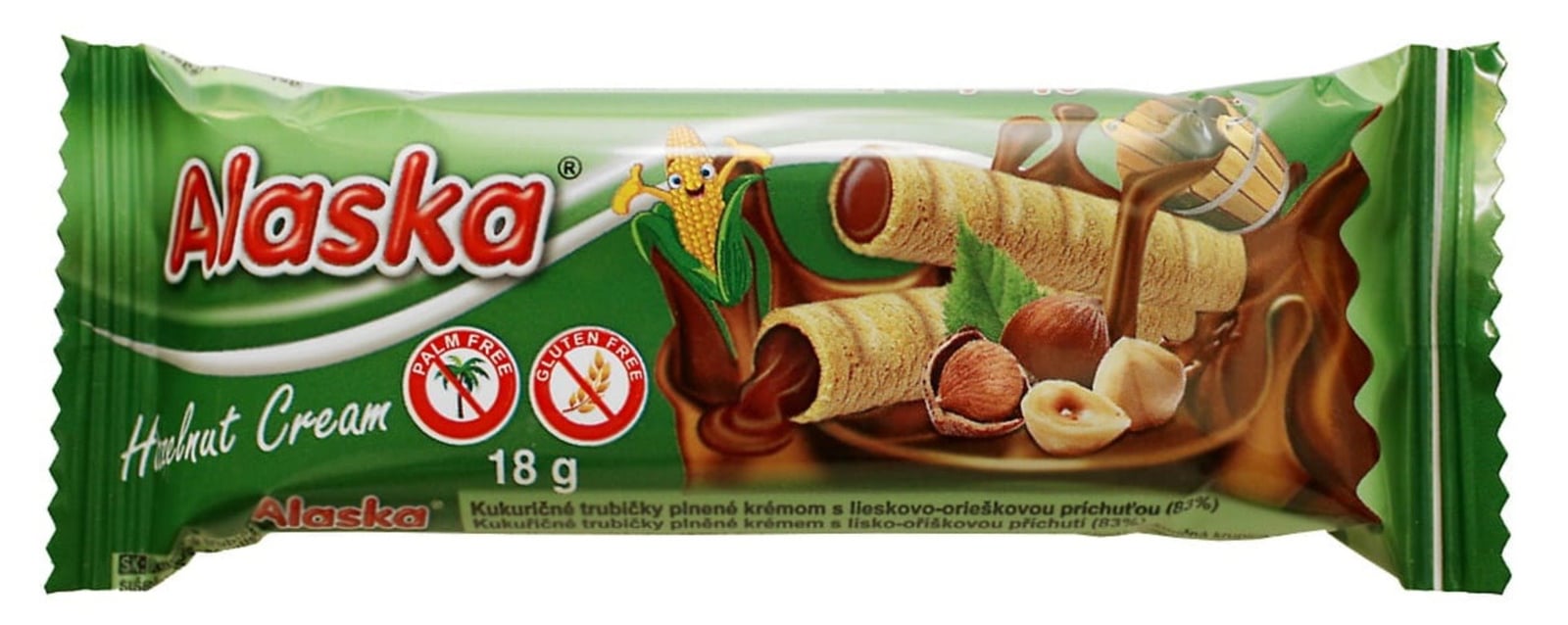 Alaska kukuričné trubičky s krémom s príchuťou lieskových orieškov, bez lepku 18 g