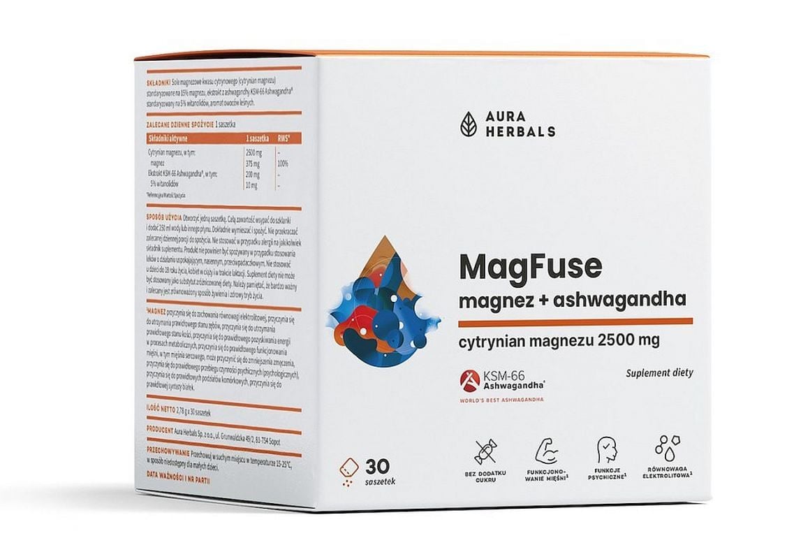 Aura Herbals MagFuse horčík + ashwagandha 30 vreciek