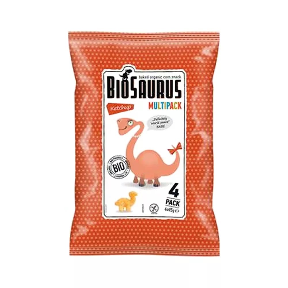 BIOSAURUS Kukuričné chrumky Dinosaury s kečupovou príchuťou BIO 4x15 g
