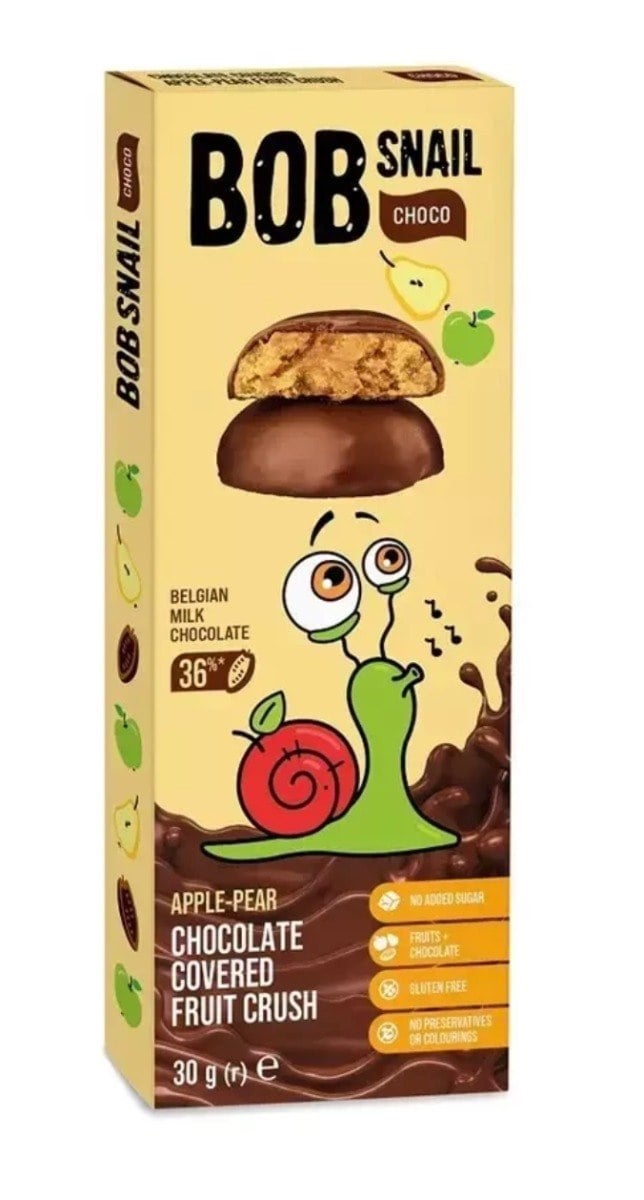 BOB SNAIL Jablko a hruška v belgickej mliečnej čokoláde 30 g