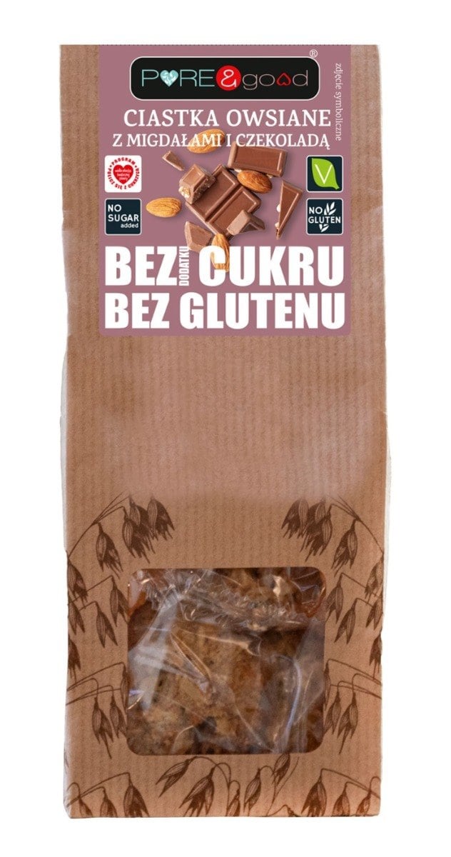 PURE & GOOD Ovsené sušienky s mandľami a čokoládou bez lepku bez cukru 150 g