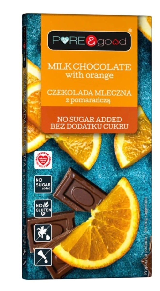 PURE & GOOD Mléčná čokoláda s pomerančem bez přidaného cukru 75 g