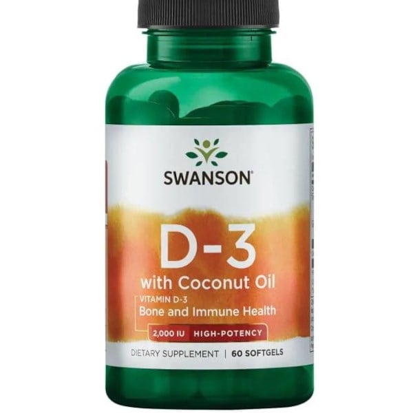 Swanson Vitamín D-3 2000 IU s kokosovým olejom 60 gélových kapsúl