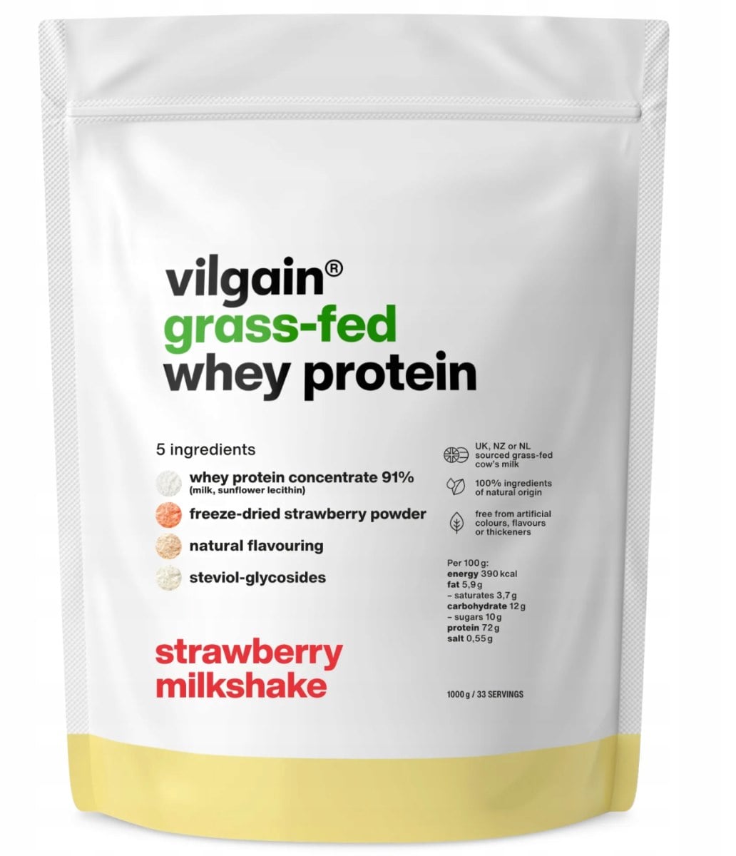 Vilgain Grass-Fed Whey Protein 1000 g, jahodový mliečny kokteil